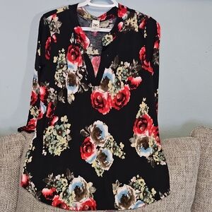 Sew In Love Black Tunic with Red, Blue & Cream Floral Print